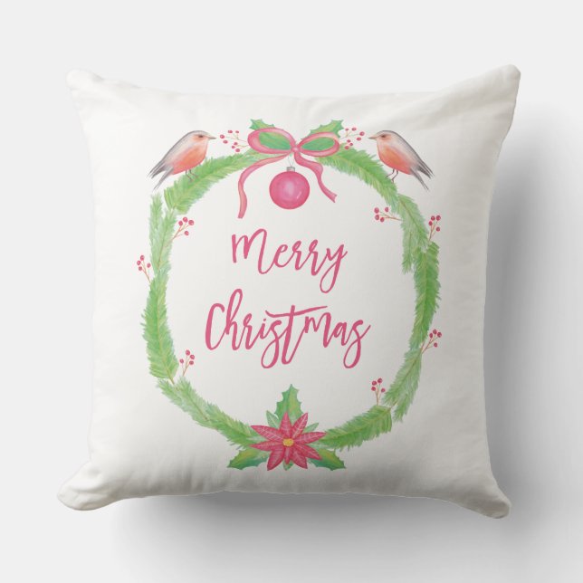 Watercolor Holly Wreath Merry Christmas Cushion (Front)