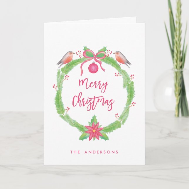 Watercolor Holly Wreath Merry Christmas Customized Holiday Card (Front)