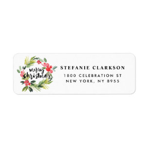 Watercolor Holly Wreath Merry Christmas Return Address Label