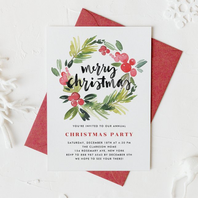 Watercolor Holly Wreath Merry Holiday Party Invitation (Creator Uploaded)