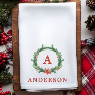 Watercolor Holly Wreath Modern Holiday Christmas Tea Towel