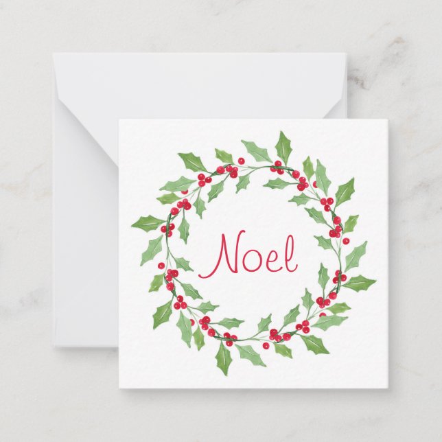 Watercolor Holly Wreath Note Card (Front)