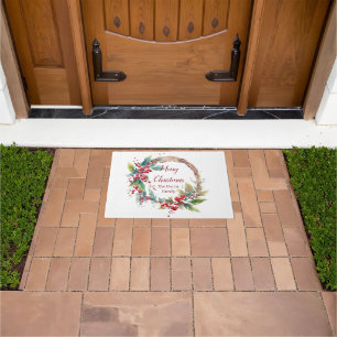 Watercolor holly wreath personalised Christmas Doormat
