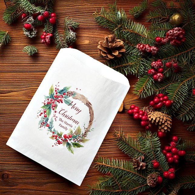 Watercolor holly wreath personalised Christmas Favour Bag (Creator Uploaded)