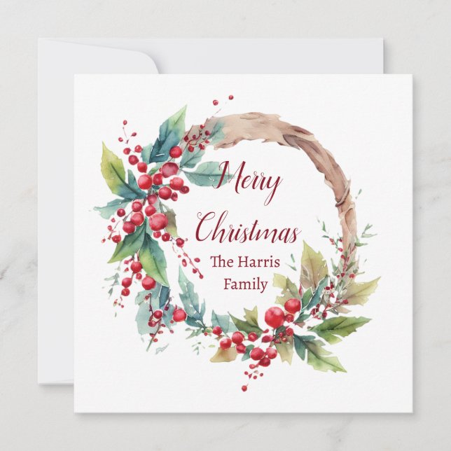 Watercolor holly wreath personalised Christmas Holiday Card (Front)