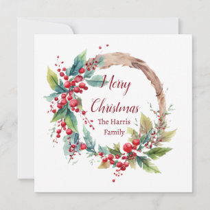 Watercolor holly wreath personalised Christmas Holiday Card
