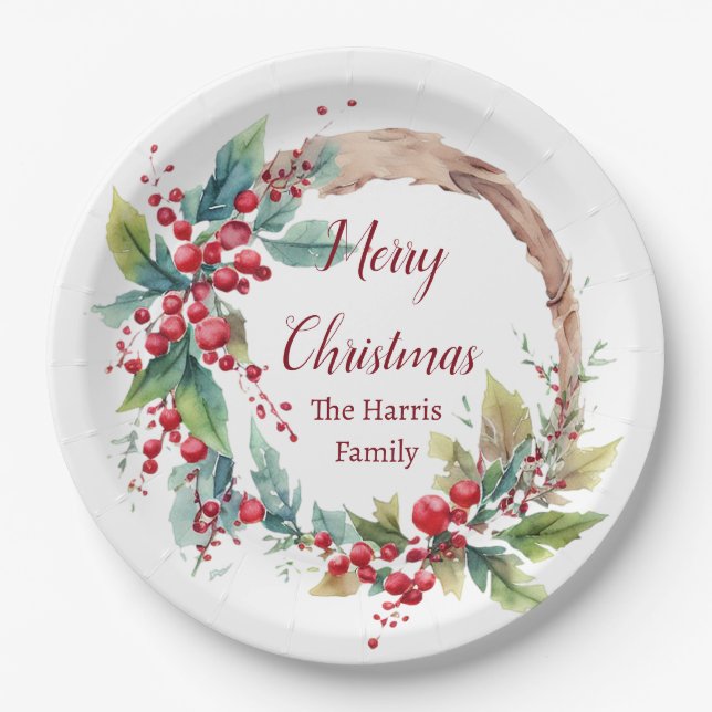 Watercolor holly wreath personalised Christmas Paper Plate (Front)