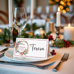 Watercolor holly wreath personalised Christmas Place Card