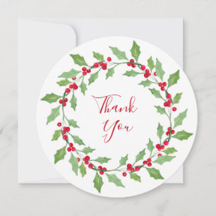 Watercolor Holly Wreath Thank You Card