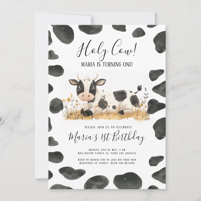 Watercolor Holy Cow Farm Birthday Party Invitation (Front)