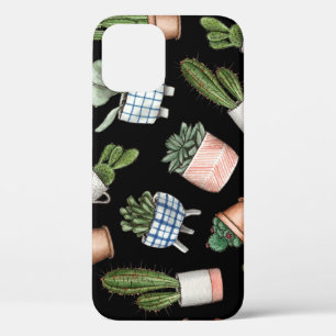 Watercolor Home Plants Black Seamless iPhone 12 Case
