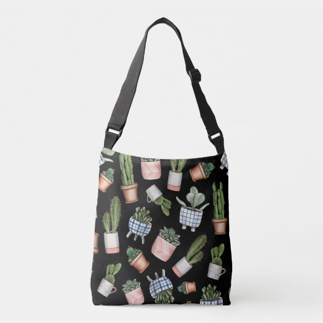 Watercolor Home Plants Black Seamless Crossbody Bag (Front)
