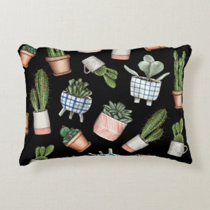 Watercolor Home Plants Black Seamless Decorative Cushion