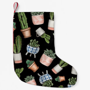 Watercolor Home Plants Black Seamless Small Christmas Stocking