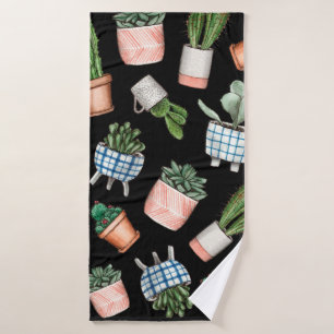Watercolor home plants seamless pattern bath towel