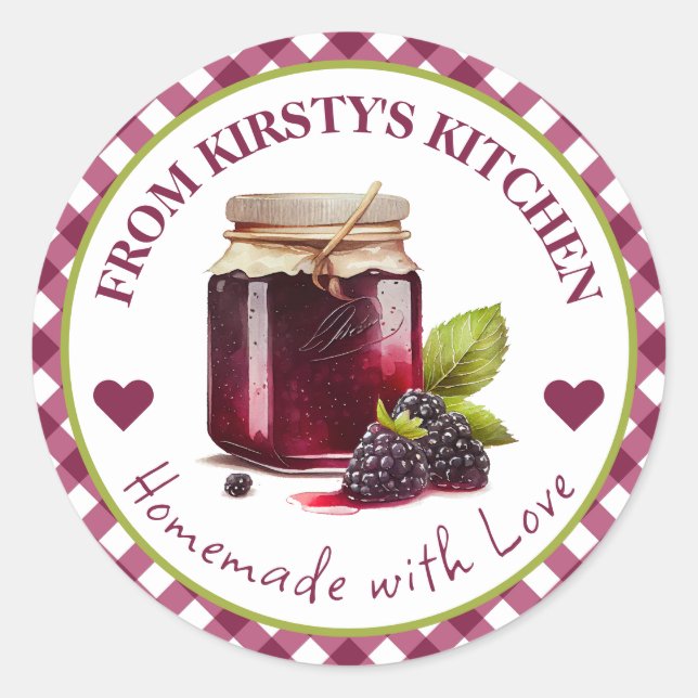 Watercolor Homemade Gingham Blackberry Jam Label (Front)