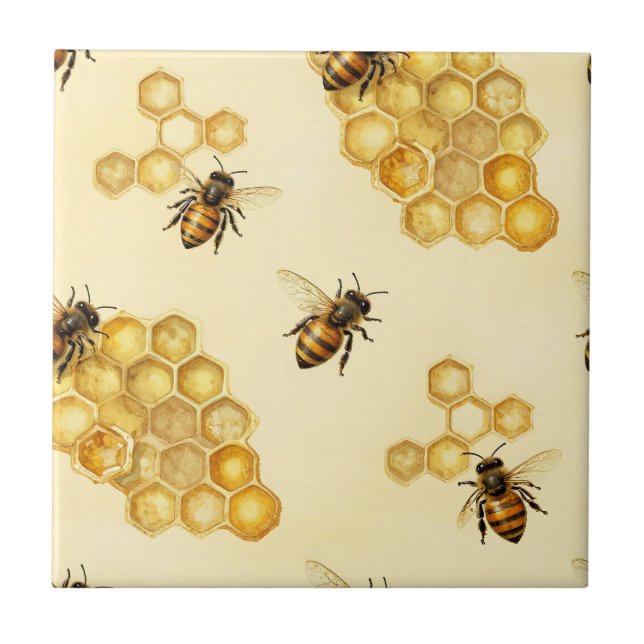 Watercolor Honey Bee Honeycomb Pattern Ceramic Tile (Front)