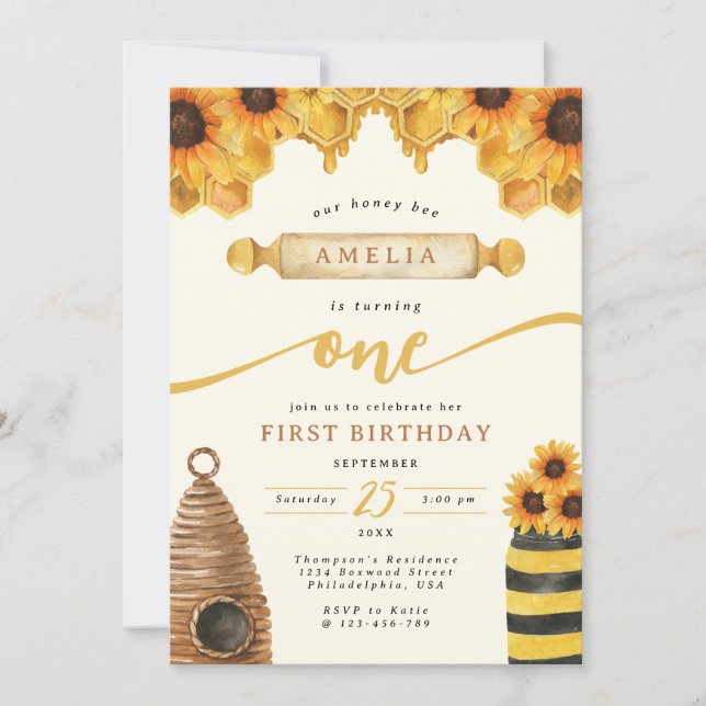 Watercolor Honey Bee Sunflower First Birthday Invitation (Front)