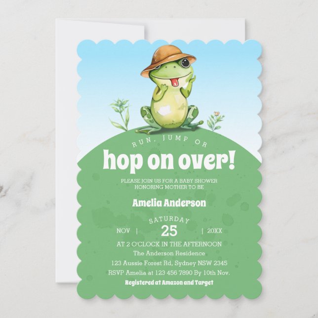 Watercolor Hop On Over Cute Frog Baby Shower Invitation (Front)