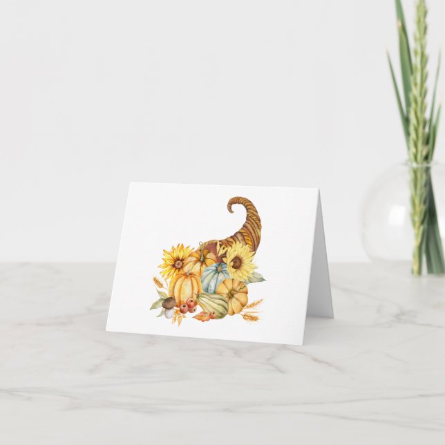 Watercolor Horn of Plenty with Pumpkins, Sunflower Card (Front)