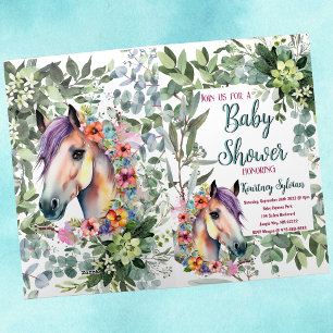 Watercolor Horse and Botanical Baby Shower Invite  Foil Greeting Card