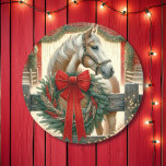 Watercolor Horse and Festive Farm Christmas Classic Round Sticker<br><div class="desc">Pretty farming themed country Christmas stickers. Pretty amber and white watercolor horse in back of a rustic wood fence and a pretty wreath with a red bow.  Background is a red rustic barn all decked out in Christmas decorations.</div>
