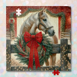 Watercolor Horse and Festive Farm Christmas Jigsaw Puzzle<br><div class="desc">Pretty farming themed country Christmas puzzle. Pretty amber and white watercolor horse in back of a rustic wood fence and a pretty wreath with a red bow.  Background is a red rustic barn all decked out in Christmas decorations.</div>