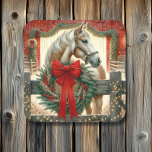 Watercolor Horse and Festive Farm Christmas Square Sticker<br><div class="desc">Pretty farming themed country Christmas stickers. Pretty amber and white watercolor horse in back of a rustic wood fence and a pretty wreath with a red bow.  Background is a red rustic barn all decked out in Christmas decorations.</div>