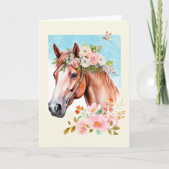 Watercolor Horse and Flowers Greeting Card (Front)