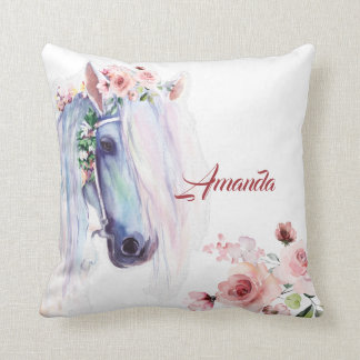 Watercolor horse and rose throw pillow