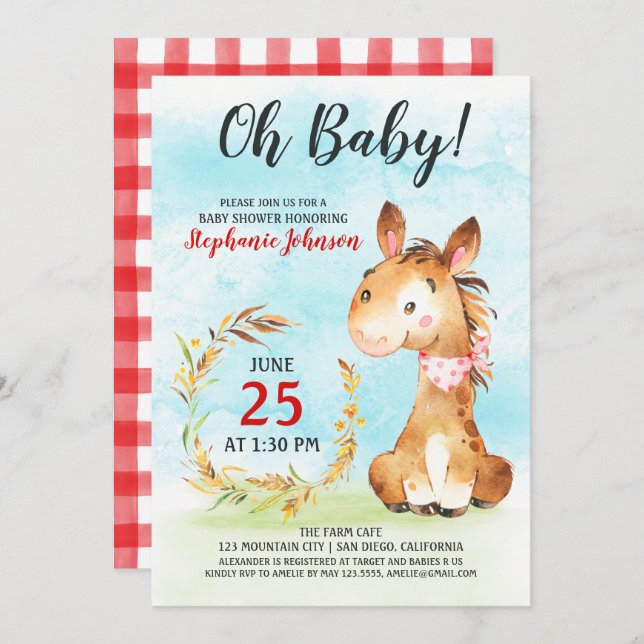 Watercolor Horse Baby Shower Farm Invitation (Front/Back)