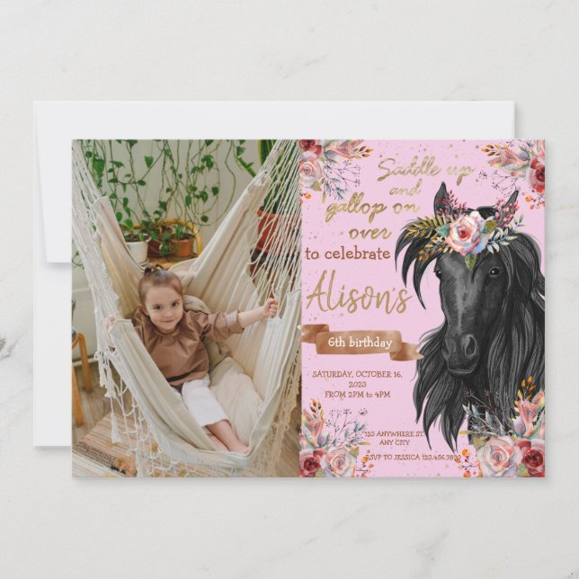 Watercolor horse birthday cowgirl invitation (Front)