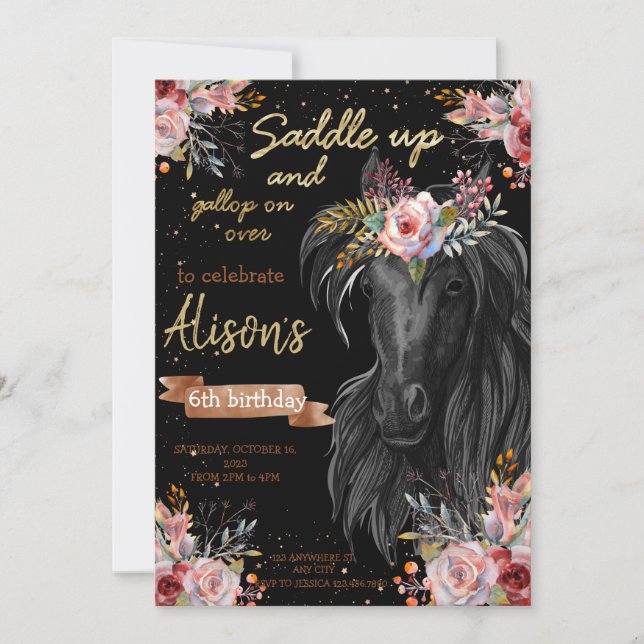 Watercolor horse birthday cowgirl invitation (Front)