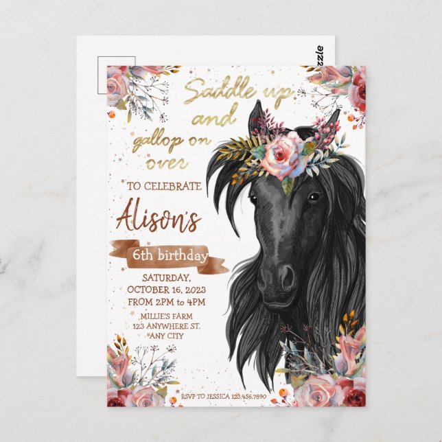 Watercolor horse birthday cowgirl invitation postcard (Front/Back)