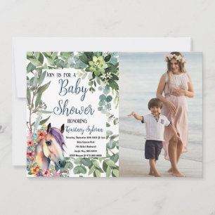 Watercolor Horse Floral Custom Photo Baby Shower Invitation