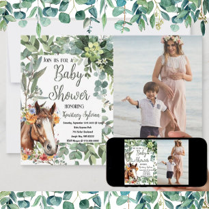 Watercolor Horse Floral Custom Photo Baby Shower Invitation