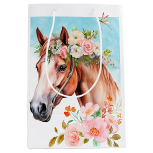 Watercolor Horse Flowers  Medium Gift Bag