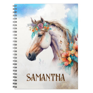Watercolor horse head tropical summer flowers name notebook