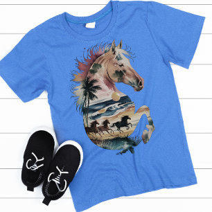 Watercolor Horse Silhouette Tropical Ocean Sunset T-Shirt