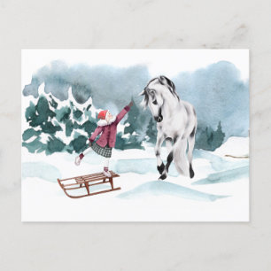 Watercolor Horse Winter Snow With Girl Postcard