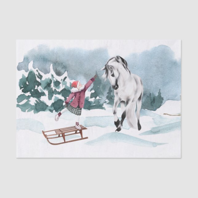 Watercolor Horse Winter Snow With Girl Tissue Paper (Front)