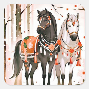 Watercolor Horses in Fall Foliage: Cosy Autumn Art Square Sticker