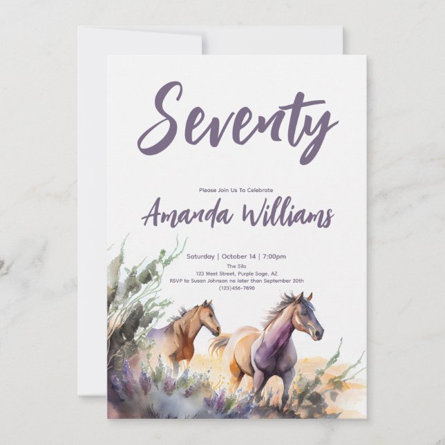 Watercolor Horses Purple Sage Seventieth Birthday Invitation (Front)