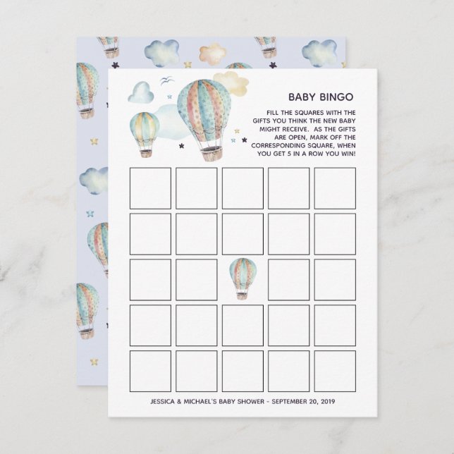 Watercolor Hot Air Balloon Baby Shower Bingo Invitation (Front/Back)
