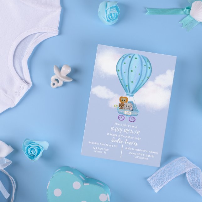 Watercolor Hot Air Balloon Baby Shower Boy  Invitation (Soft pastel hues create a serene ambiance, perfect for celebrating the arrival of a precious boy!)