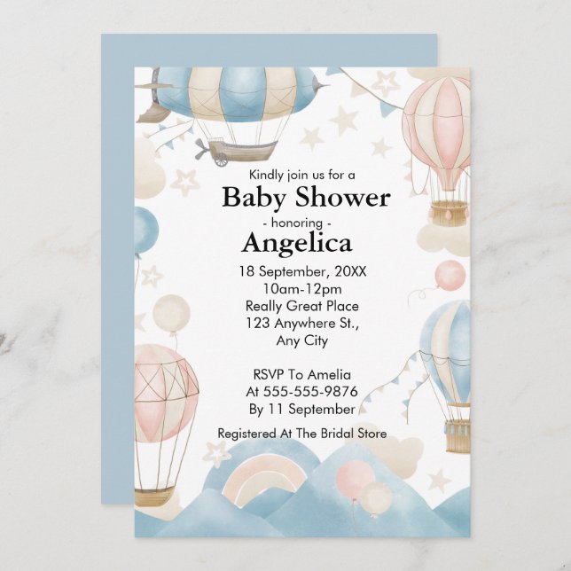 Watercolor Hot Air Balloon Baby Shower  Invitation (Front/Back)