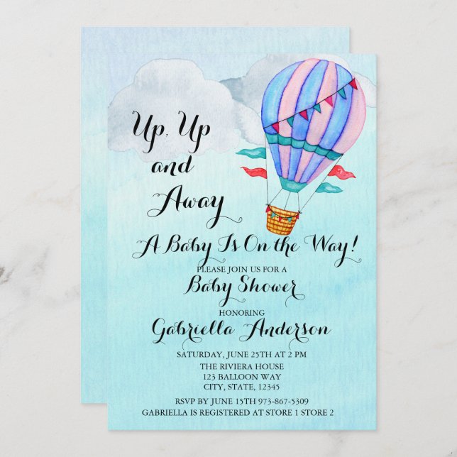 Watercolor Hot Air Balloon Baby Shower Invitation (Front/Back)