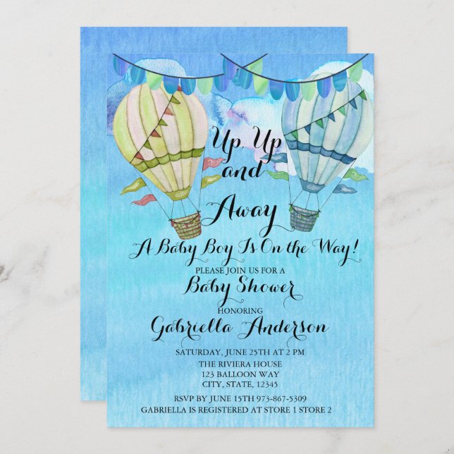 Watercolor Hot Air Balloon Boy Baby Shower Invitation (Front/Back)