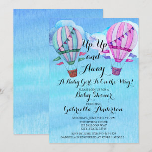 Watercolor Hot Air Balloon Girl Baby Shower Invitation