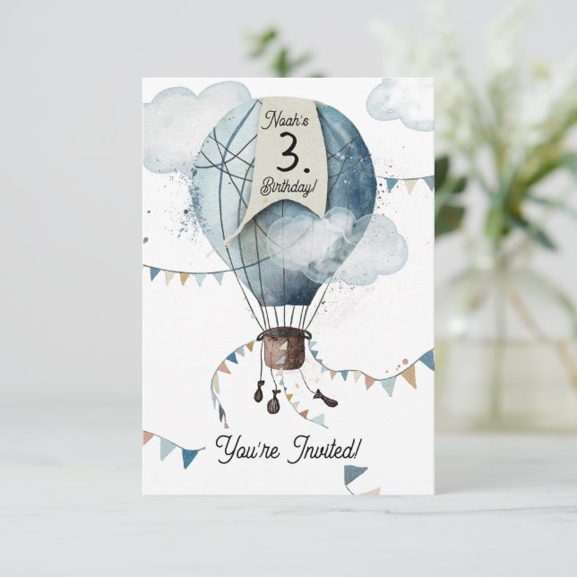 Watercolor Hot Air Balloon // Kid’s Birthday Invitation (Standing Front)